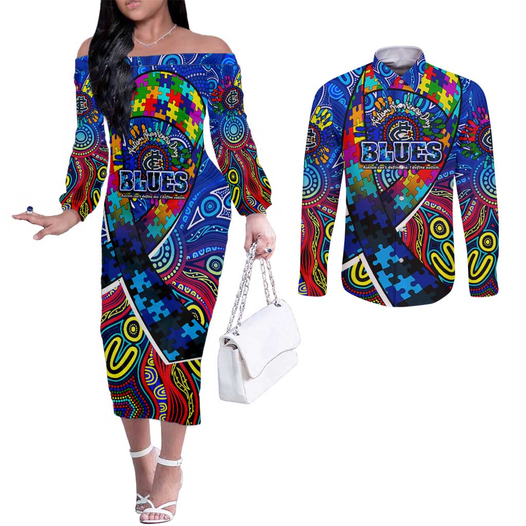 Autism Awareness Australia Carlton Blues Couples Matching Off The Shoulder Long Sleeve Dress and Long Sleeve Button Shirt Aboriginal Indigenous Art