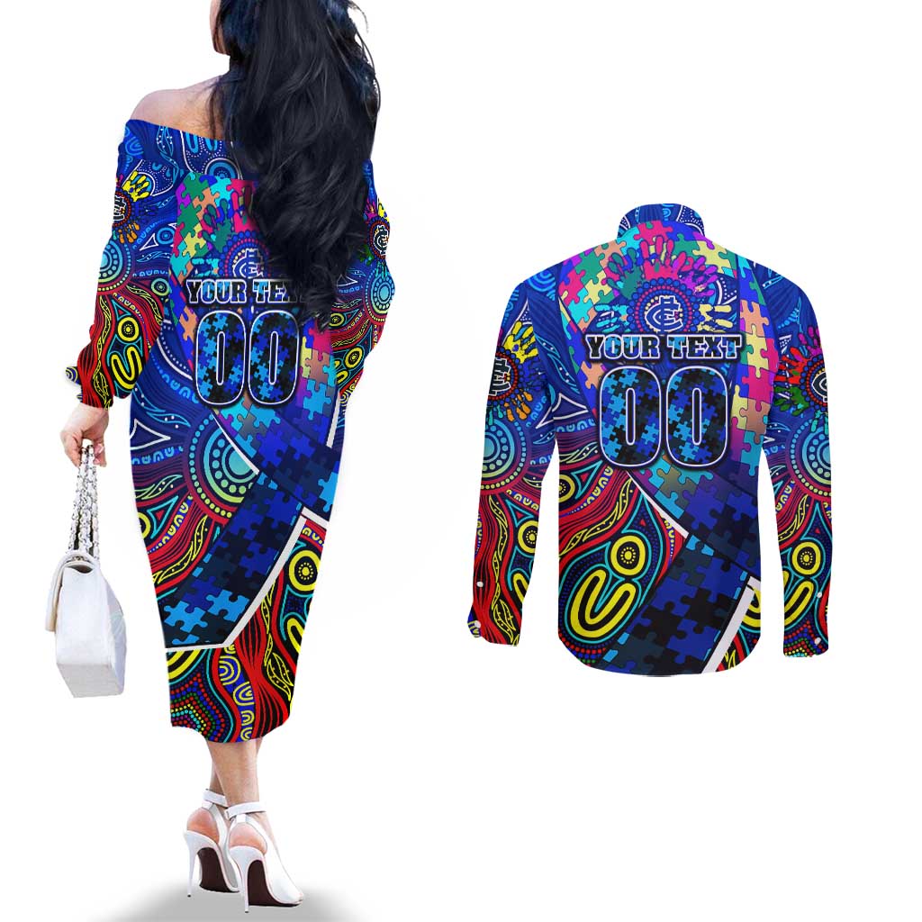 Autism Awareness Australia Carlton Blues Couples Matching Off The Shoulder Long Sleeve Dress and Long Sleeve Button Shirt Aboriginal Indigenous Art
