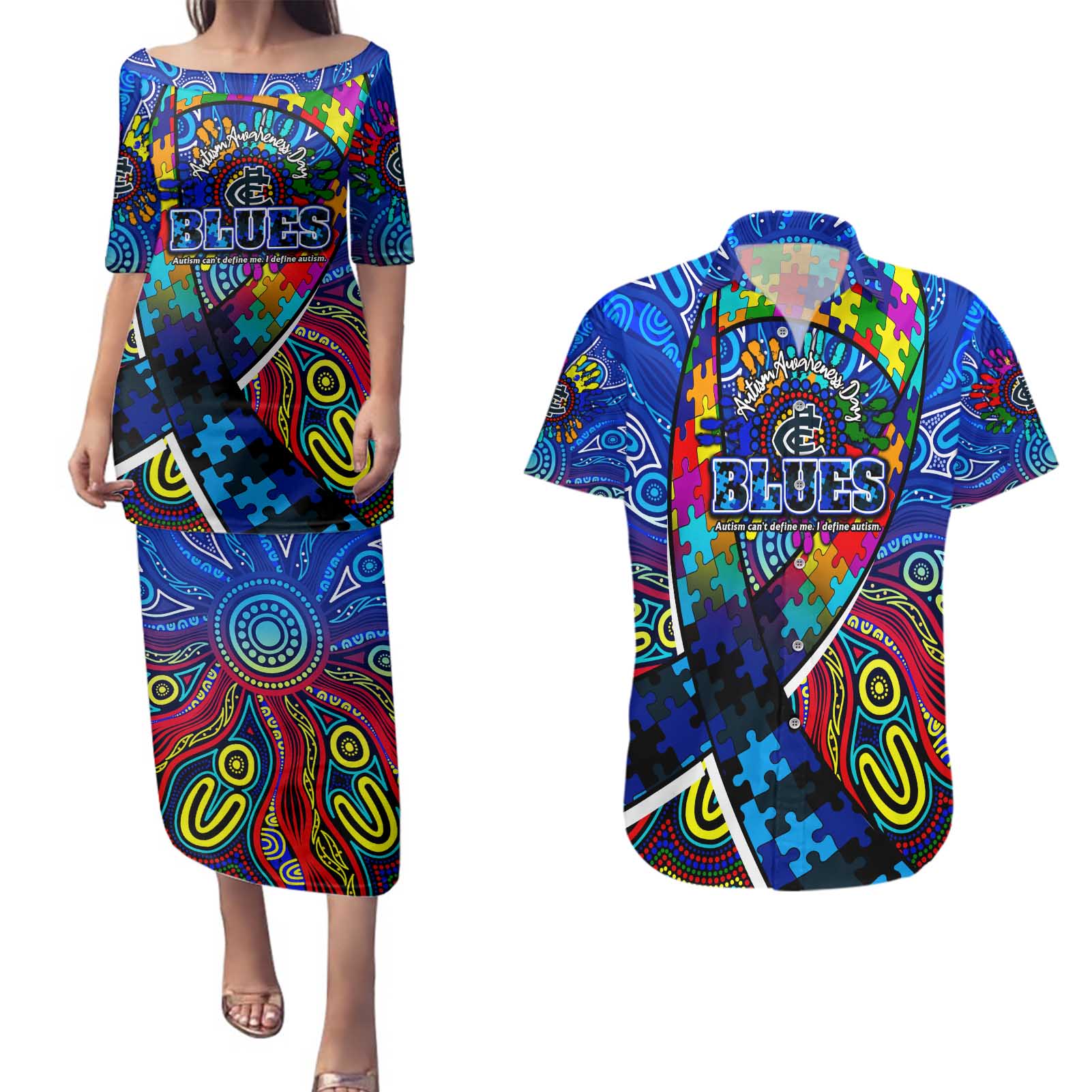 Autism Awareness Australia Carlton Blues Couples Matching Puletasi and Hawaiian Shirt Aboriginal Indigenous Art