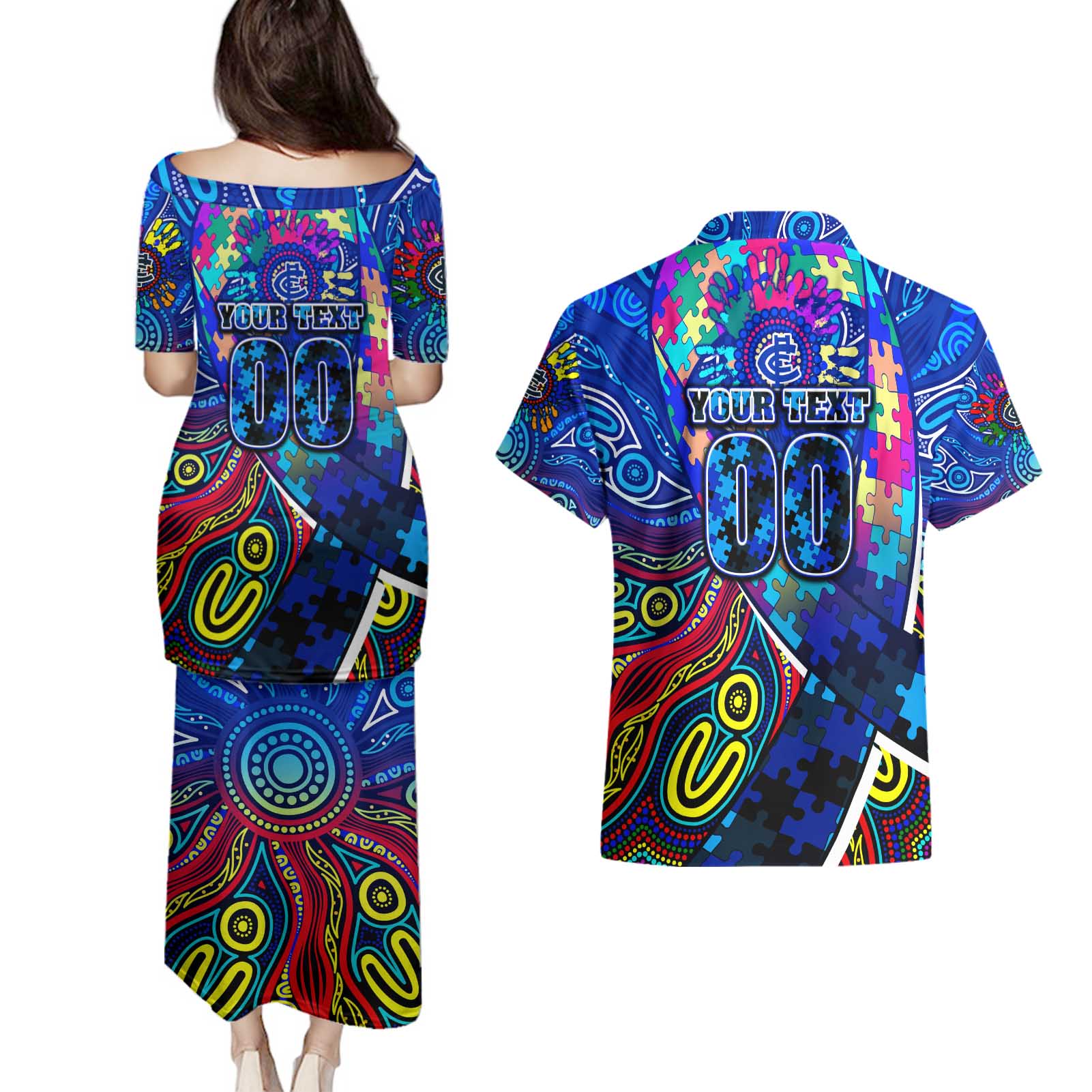 Autism Awareness Australia Carlton Blues Couples Matching Puletasi and Hawaiian Shirt Aboriginal Indigenous Art