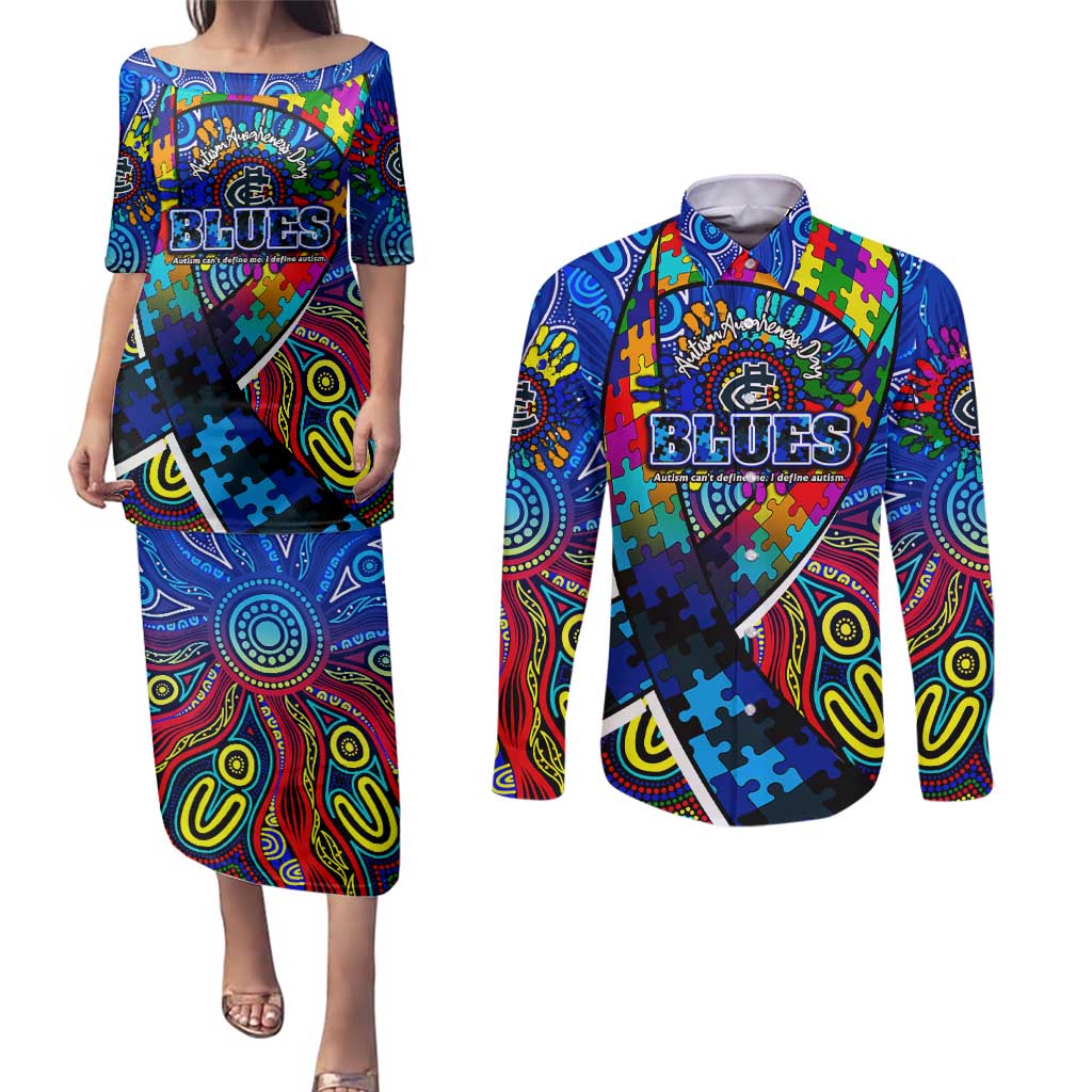 Autism Awareness Australia Carlton Blues Couples Matching Puletasi and Long Sleeve Button Shirt Aboriginal Indigenous Art
