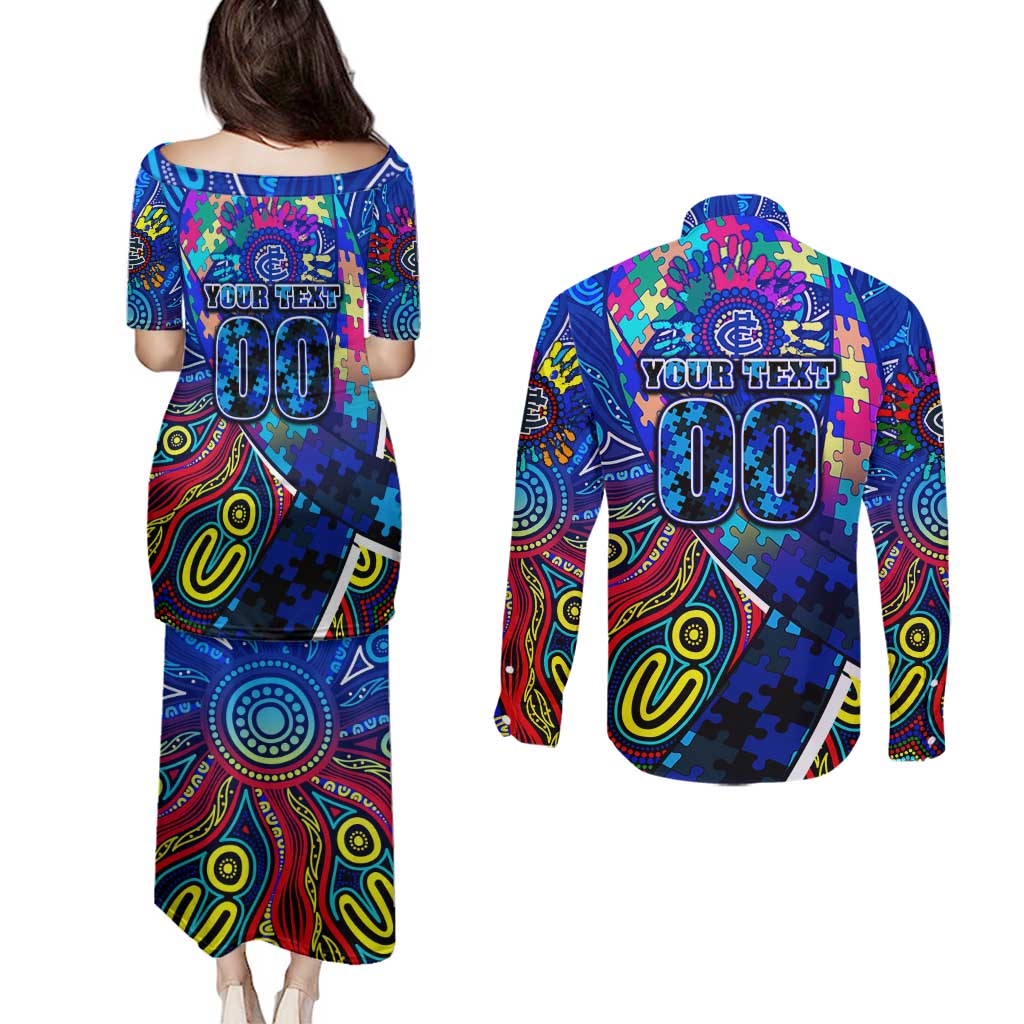 Autism Awareness Australia Carlton Blues Couples Matching Puletasi and Long Sleeve Button Shirt Aboriginal Indigenous Art