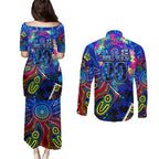 Autism Awareness Australia Carlton Blues Couples Matching Puletasi and Long Sleeve Button Shirt Aboriginal Indigenous Art