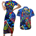 Autism Awareness Australia Carlton Blues Couples Matching Short Sleeve Bodycon Dress and Hawaiian Shirt Aboriginal Indigenous Art