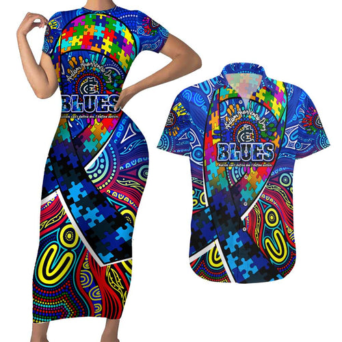 Autism Awareness Australia Carlton Blues Couples Matching Short Sleeve Bodycon Dress and Hawaiian Shirt Aboriginal Indigenous Art