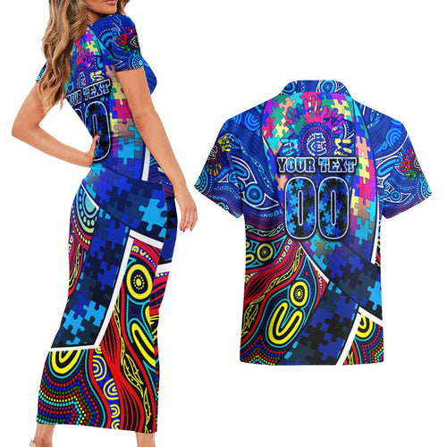 Autism Awareness Australia Carlton Blues Couples Matching Short Sleeve Bodycon Dress and Hawaiian Shirt Aboriginal Indigenous Art