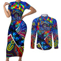 Autism Awareness Australia Carlton Blues Couples Matching Short Sleeve Bodycon Dress and Long Sleeve Button Shirt Aboriginal Indigenous Art