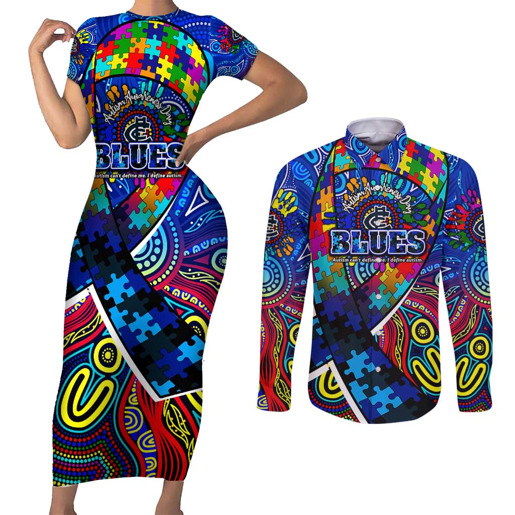 Autism Awareness Australia Carlton Blues Couples Matching Short Sleeve Bodycon Dress and Long Sleeve Button Shirt Aboriginal Indigenous Art