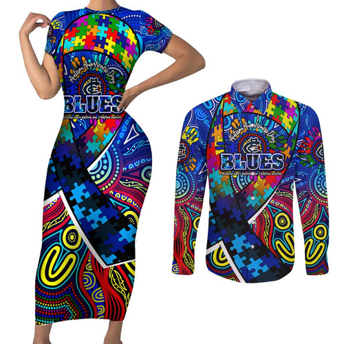 Autism Awareness Australia Carlton Blues Couples Matching Short Sleeve Bodycon Dress and Long Sleeve Button Shirt Aboriginal Indigenous Art