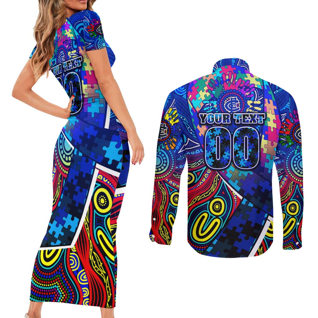 Autism Awareness Australia Carlton Blues Couples Matching Short Sleeve Bodycon Dress and Long Sleeve Button Shirt Aboriginal Indigenous Art