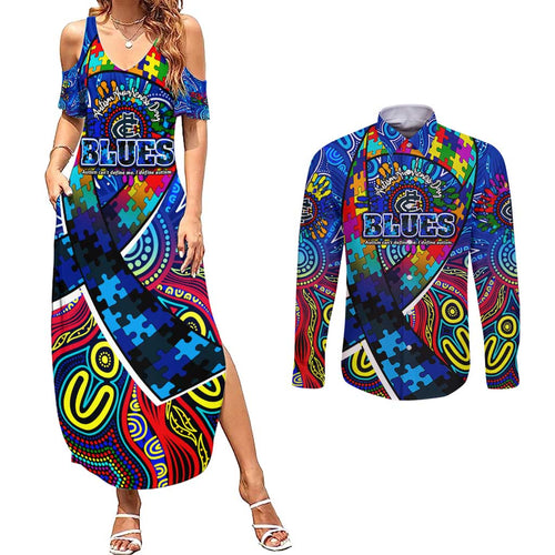 Autism Awareness Australia Carlton Blues Couples Matching Summer Maxi Dress and Long Sleeve Button Shirt Aboriginal Indigenous Art