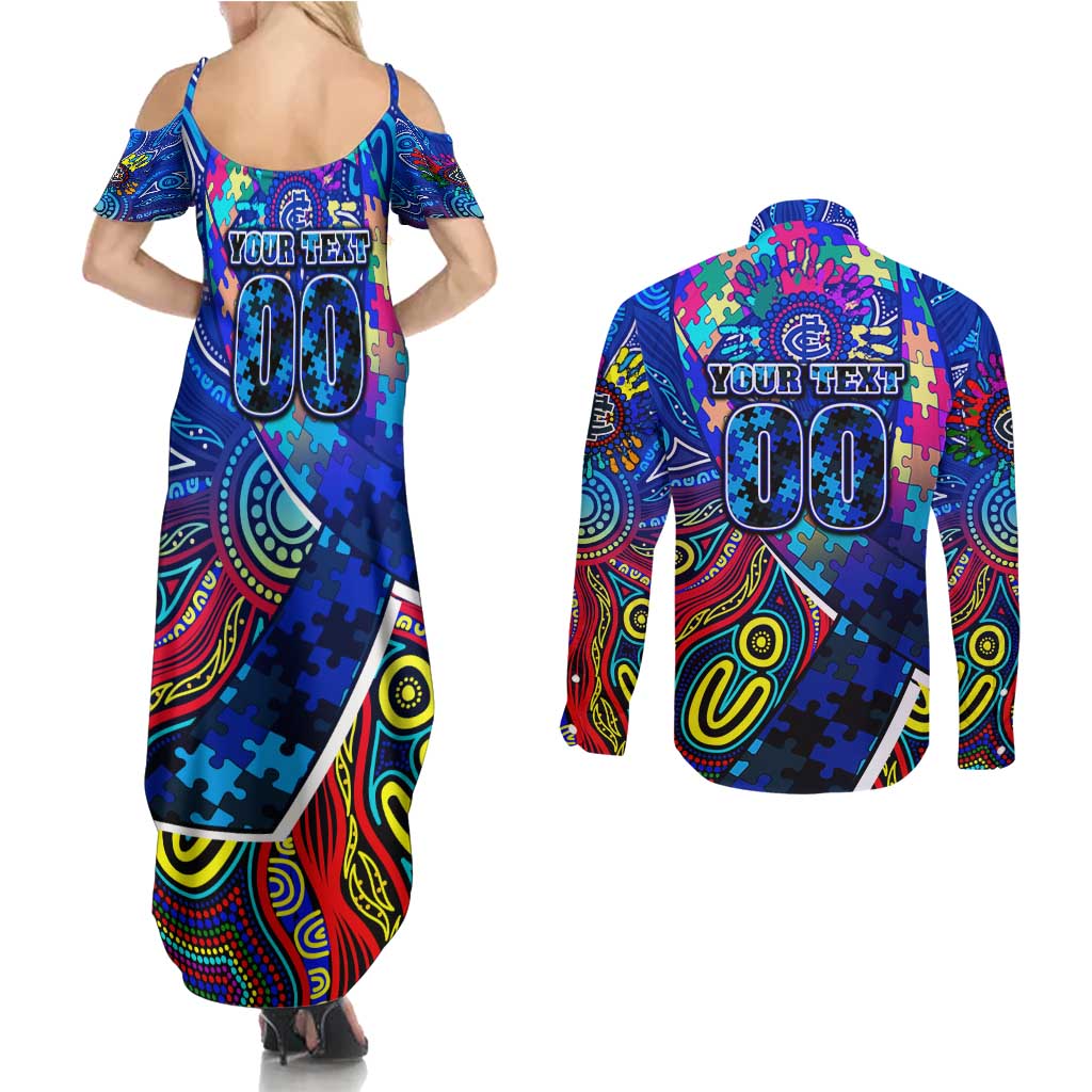 Autism Awareness Australia Carlton Blues Couples Matching Summer Maxi Dress and Long Sleeve Button Shirt Aboriginal Indigenous Art