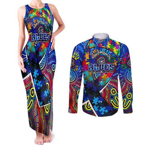 Autism Awareness Australia Carlton Blues Couples Matching Tank Maxi Dress and Long Sleeve Button Shirt Aboriginal Indigenous Art