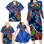 Autism Awareness Australia Carlton Blues Family Matching Long Sleeve Bodycon Dress and Hawaiian Shirt Aboriginal Indigenous Art