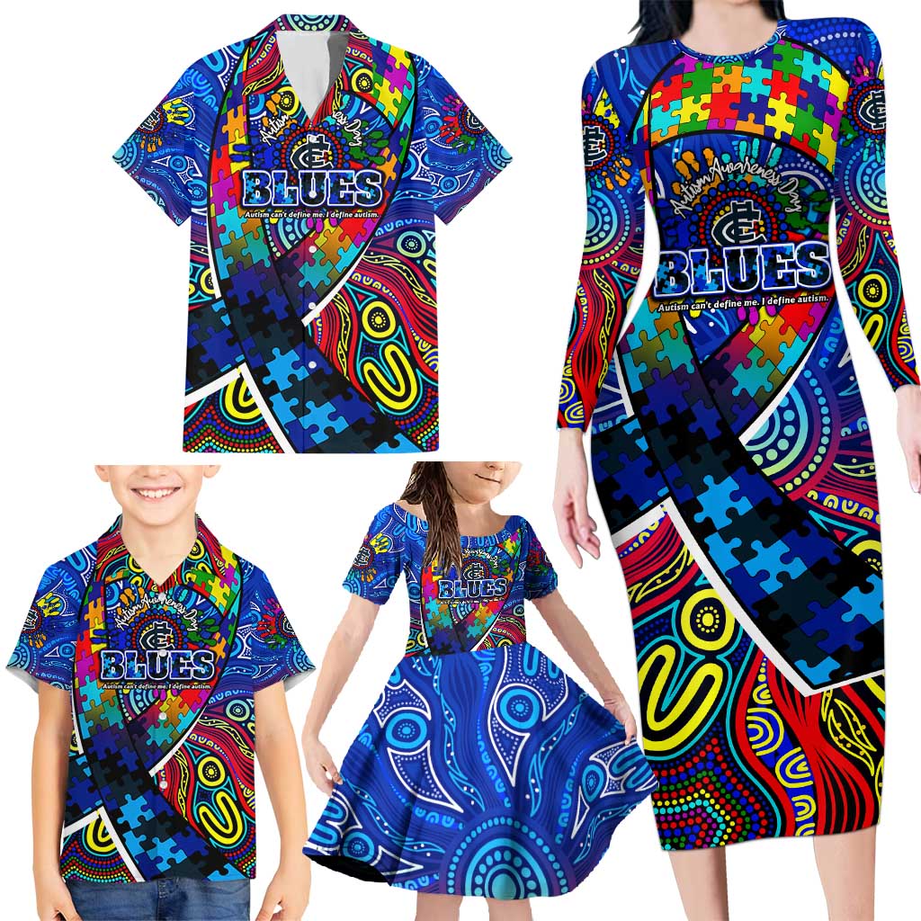 Autism Awareness Australia Carlton Blues Family Matching Long Sleeve Bodycon Dress and Hawaiian Shirt Aboriginal Indigenous Art