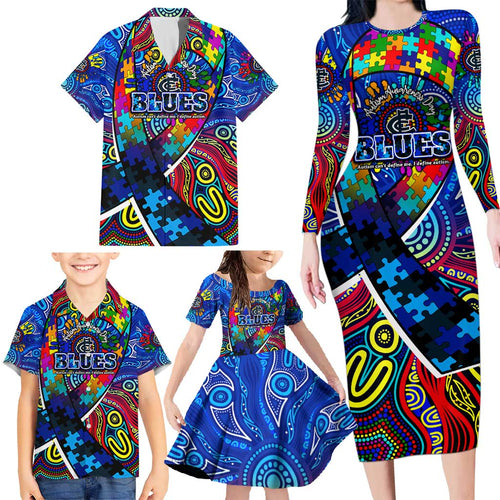 Autism Awareness Australia Carlton Blues Family Matching Long Sleeve Bodycon Dress and Hawaiian Shirt Aboriginal Indigenous Art