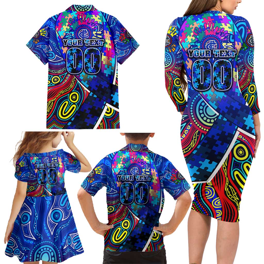 Autism Awareness Australia Carlton Blues Family Matching Long Sleeve Bodycon Dress and Hawaiian Shirt Aboriginal Indigenous Art