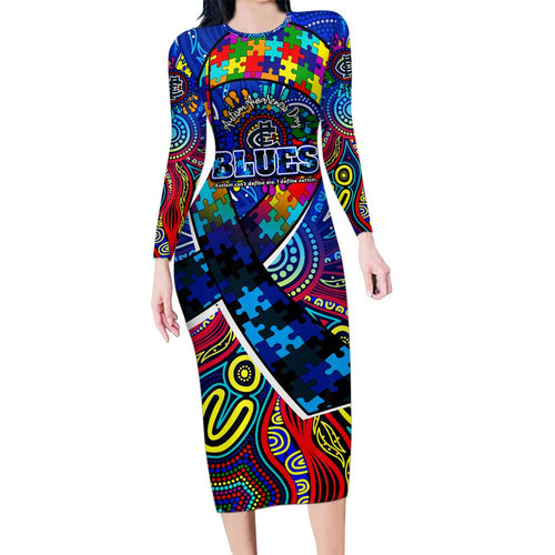 Autism Awareness Australia Carlton Blues Family Matching Long Sleeve Bodycon Dress and Hawaiian Shirt Aboriginal Indigenous Art