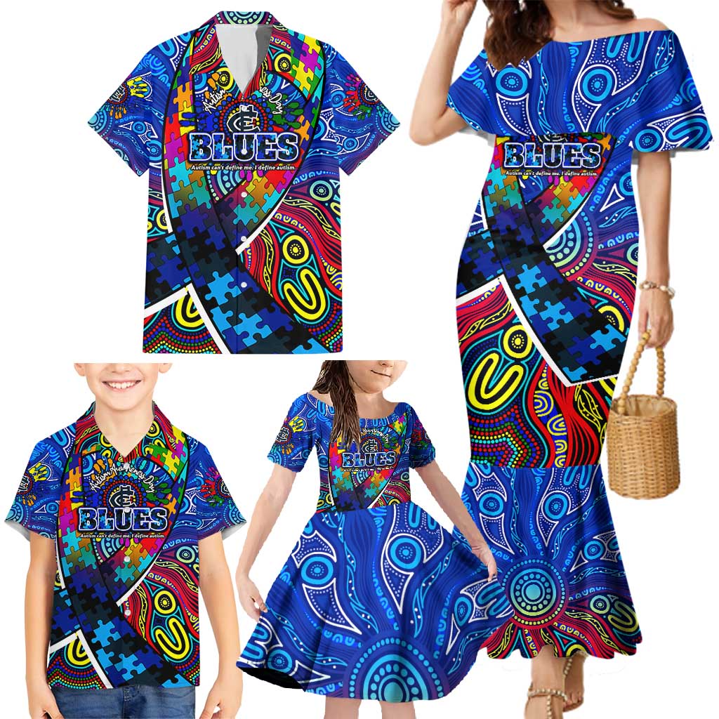 Autism Awareness Australia Carlton Blues Family Matching Mermaid Dress and Hawaiian Shirt Aboriginal Indigenous Art