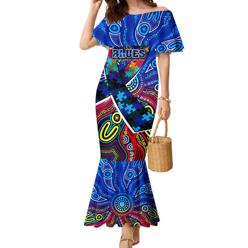 Autism Awareness Australia Carlton Blues Family Matching Mermaid Dress and Hawaiian Shirt Aboriginal Indigenous Art