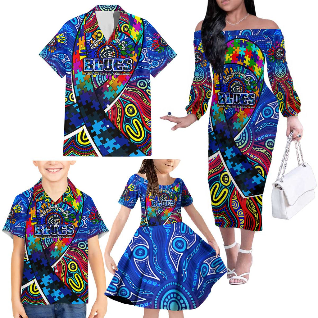 Autism Awareness Australia Carlton Blues Family Matching Off The Shoulder Long Sleeve Dress and Hawaiian Shirt Aboriginal Indigenous Art