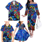Autism Awareness Australia Carlton Blues Family Matching Off The Shoulder Long Sleeve Dress and Hawaiian Shirt Aboriginal Indigenous Art