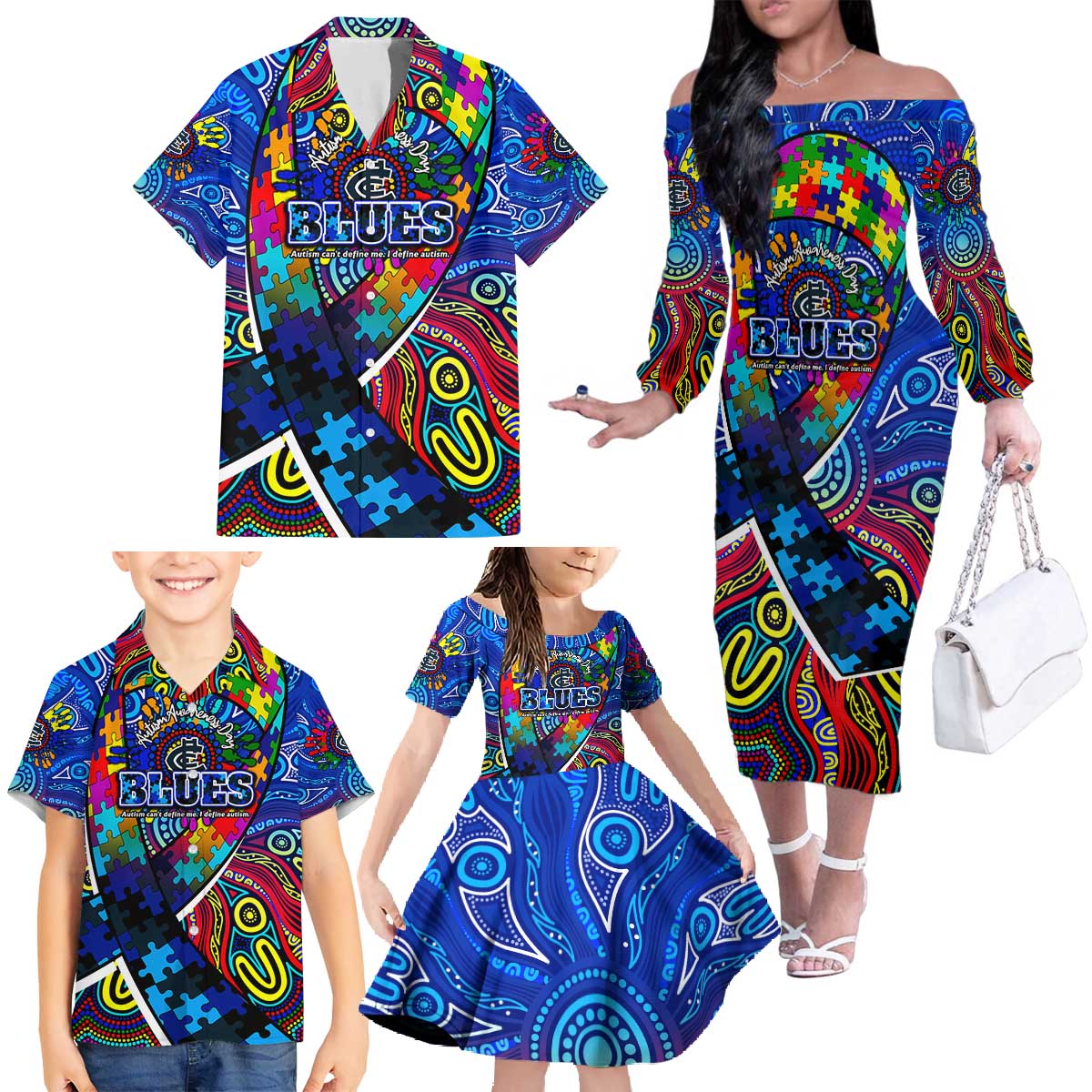 Autism Awareness Australia Carlton Blues Family Matching Off The Shoulder Long Sleeve Dress and Hawaiian Shirt Aboriginal Indigenous Art