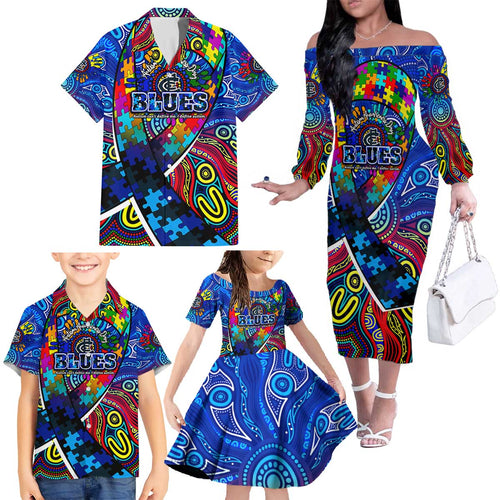 Autism Awareness Australia Carlton Blues Family Matching Off The Shoulder Long Sleeve Dress and Hawaiian Shirt Aboriginal Indigenous Art