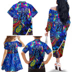 Autism Awareness Australia Carlton Blues Family Matching Off The Shoulder Long Sleeve Dress and Hawaiian Shirt Aboriginal Indigenous Art