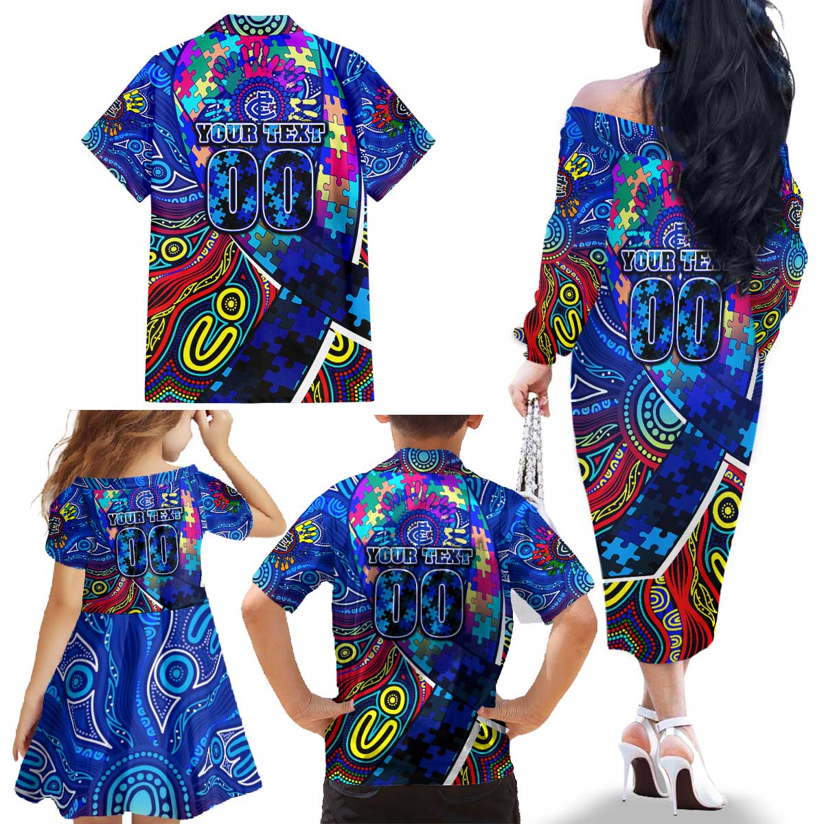 Autism Awareness Australia Carlton Blues Family Matching Off The Shoulder Long Sleeve Dress and Hawaiian Shirt Aboriginal Indigenous Art