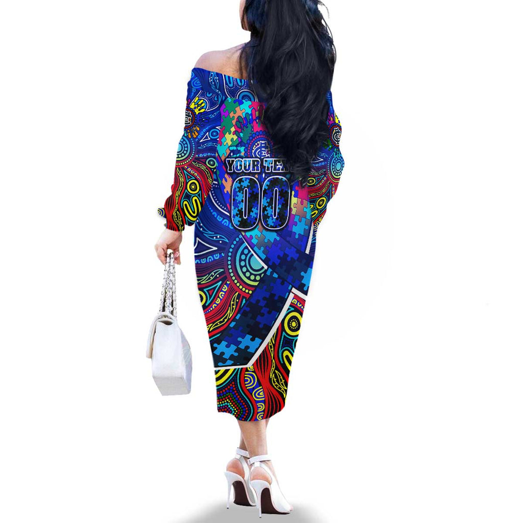 Autism Awareness Australia Carlton Blues Family Matching Off The Shoulder Long Sleeve Dress and Hawaiian Shirt Aboriginal Indigenous Art