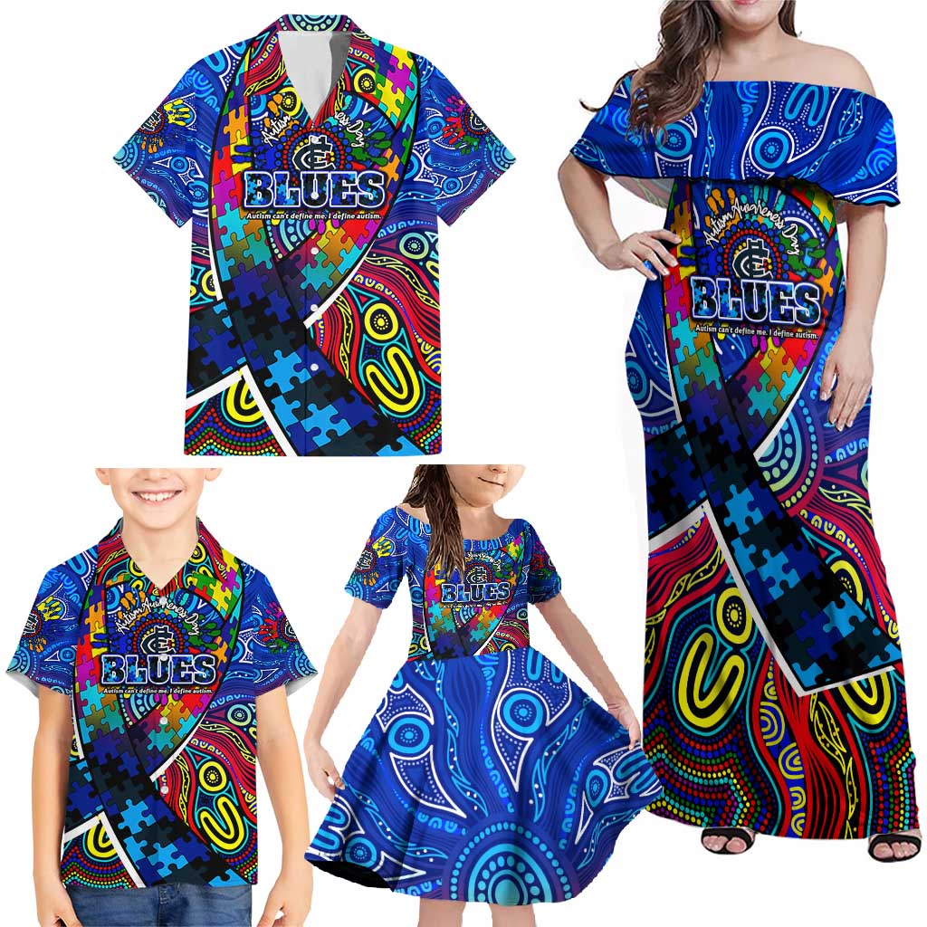 Autism Awareness Australia Carlton Blues Family Matching Off Shoulder Maxi Dress and Hawaiian Shirt Aboriginal Indigenous Art