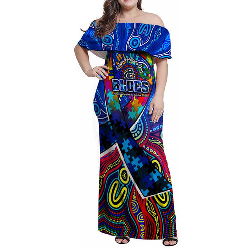Autism Awareness Australia Carlton Blues Family Matching Off Shoulder Maxi Dress and Hawaiian Shirt Aboriginal Indigenous Art