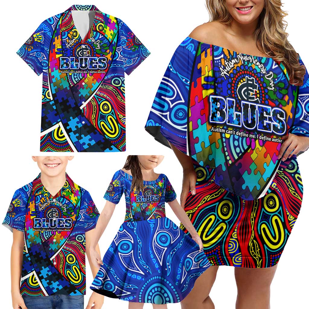 Autism Awareness Australia Carlton Blues Family Matching Off Shoulder Short Dress and Hawaiian Shirt Aboriginal Indigenous Art