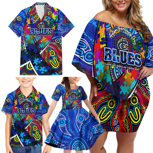 Autism Awareness Australia Carlton Blues Family Matching Off Shoulder Short Dress and Hawaiian Shirt Aboriginal Indigenous Art