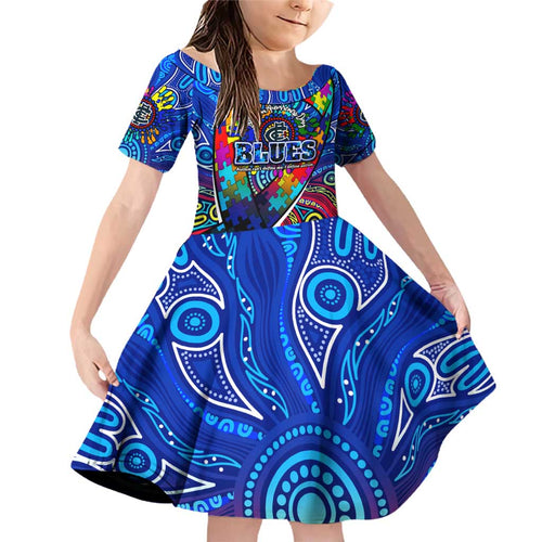 Autism Awareness Australia Carlton Blues Family Matching Off Shoulder Short Dress and Hawaiian Shirt Aboriginal Indigenous Art