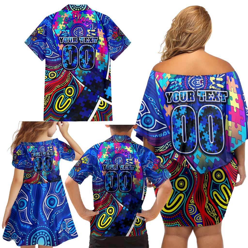 Autism Awareness Australia Carlton Blues Family Matching Off Shoulder Short Dress and Hawaiian Shirt Aboriginal Indigenous Art