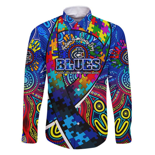Autism Awareness Australia Carlton Blues Family Matching Off Shoulder Short Dress and Hawaiian Shirt Aboriginal Indigenous Art