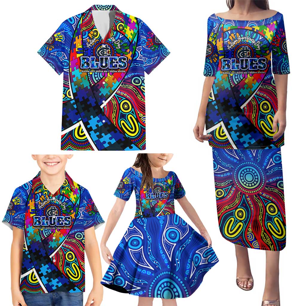 Autism Awareness Australia Carlton Blues Family Matching Puletasi and Hawaiian Shirt Aboriginal Indigenous Art