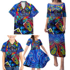 Autism Awareness Australia Carlton Blues Family Matching Puletasi and Hawaiian Shirt Aboriginal Indigenous Art
