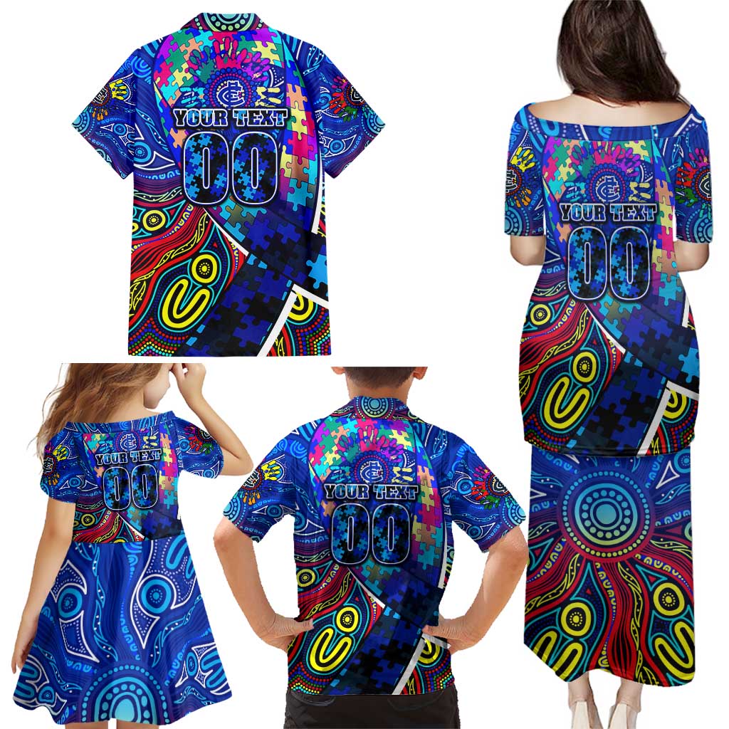 Autism Awareness Australia Carlton Blues Family Matching Puletasi and Hawaiian Shirt Aboriginal Indigenous Art