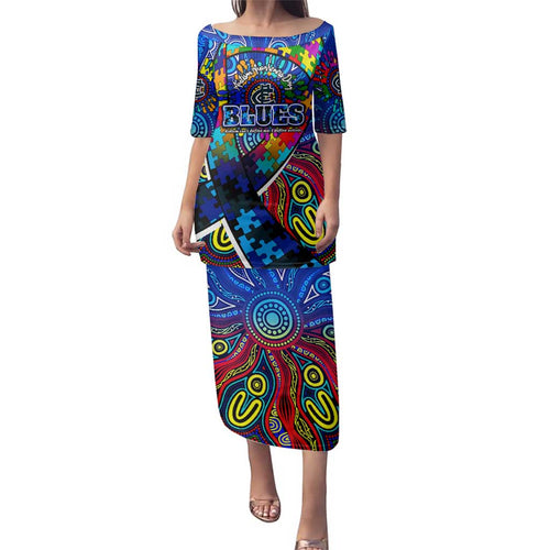 Autism Awareness Australia Carlton Blues Family Matching Puletasi and Hawaiian Shirt Aboriginal Indigenous Art