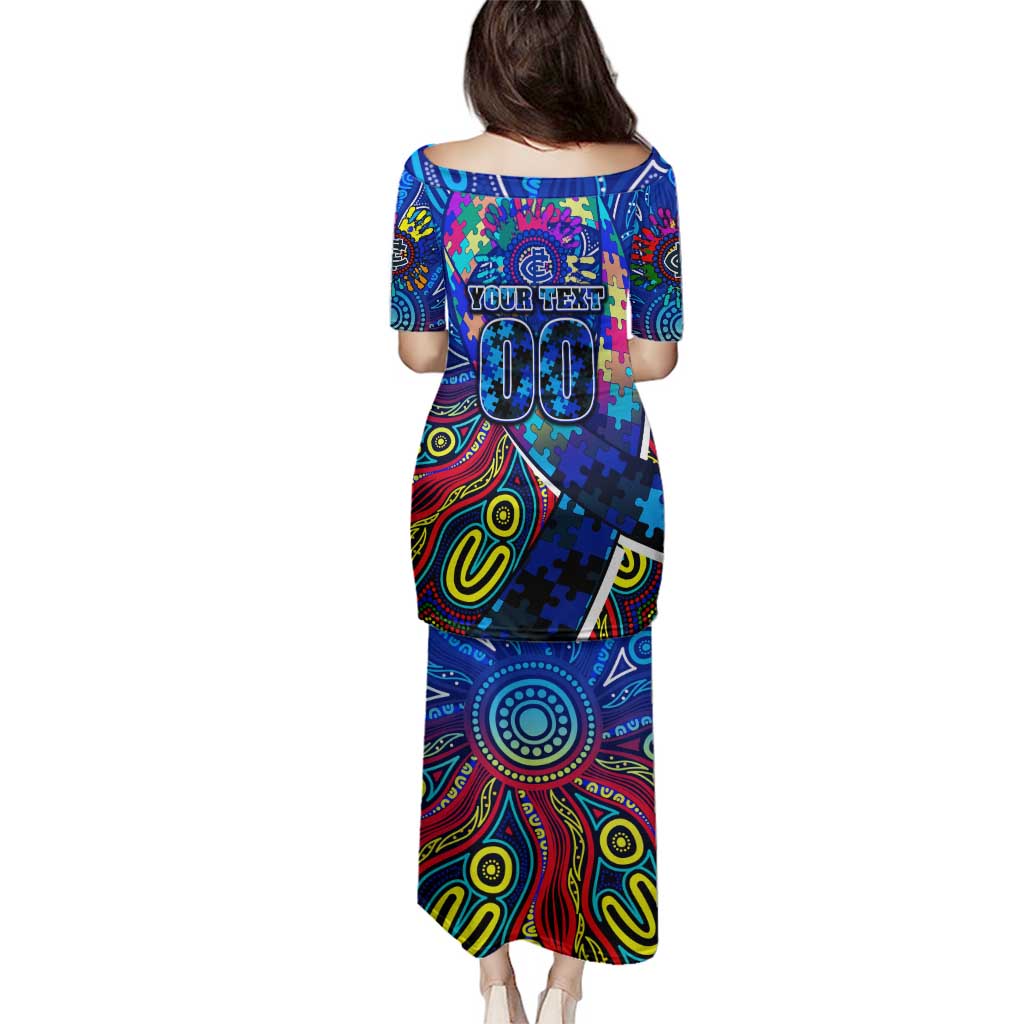 Autism Awareness Australia Carlton Blues Family Matching Puletasi and Hawaiian Shirt Aboriginal Indigenous Art