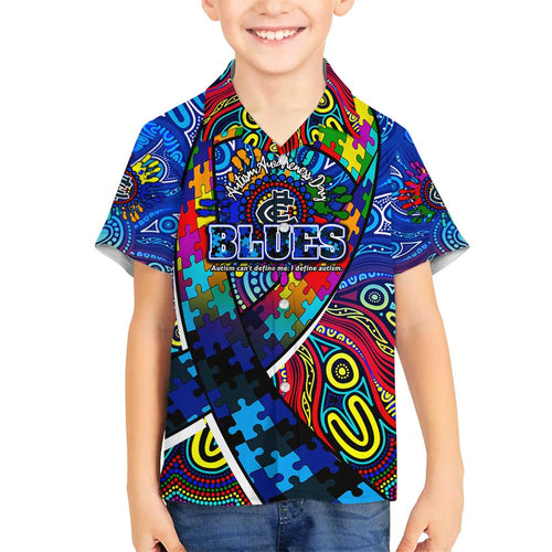 Autism Awareness Australia Carlton Blues Family Matching Puletasi and Hawaiian Shirt Aboriginal Indigenous Art