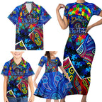 Autism Awareness Australia Carlton Blues Family Matching Short Sleeve Bodycon Dress and Hawaiian Shirt Aboriginal Indigenous Art