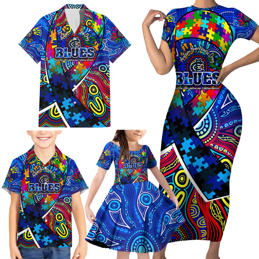 Autism Awareness Australia Carlton Blues Family Matching Short Sleeve Bodycon Dress and Hawaiian Shirt Aboriginal Indigenous Art