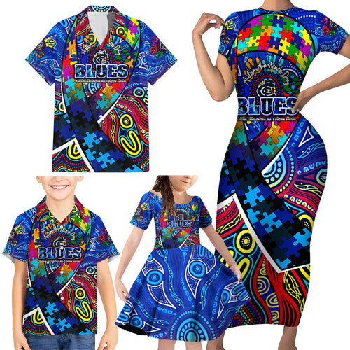 Autism Awareness Australia Carlton Blues Family Matching Short Sleeve Bodycon Dress and Hawaiian Shirt Aboriginal Indigenous Art