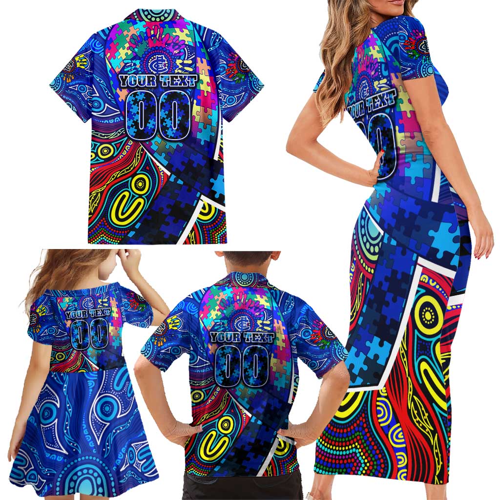 Autism Awareness Australia Carlton Blues Family Matching Short Sleeve Bodycon Dress and Hawaiian Shirt Aboriginal Indigenous Art