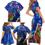 Autism Awareness Australia Carlton Blues Family Matching Short Sleeve Bodycon Dress and Hawaiian Shirt Aboriginal Indigenous Art