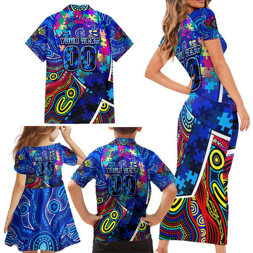Autism Awareness Australia Carlton Blues Family Matching Short Sleeve Bodycon Dress and Hawaiian Shirt Aboriginal Indigenous Art